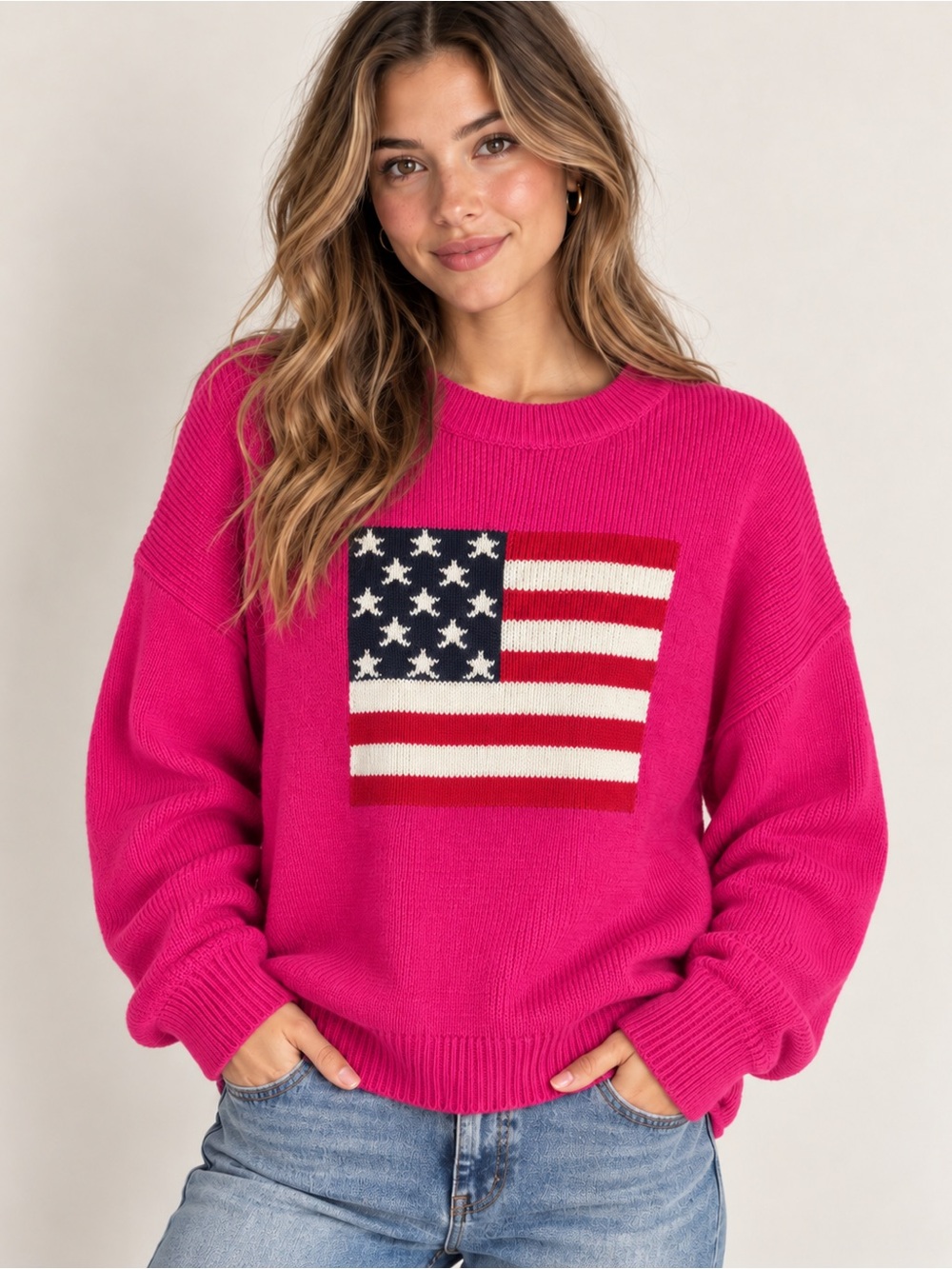 Zenana American Flag Knit Sweater – Hot Pink 🇺🇸